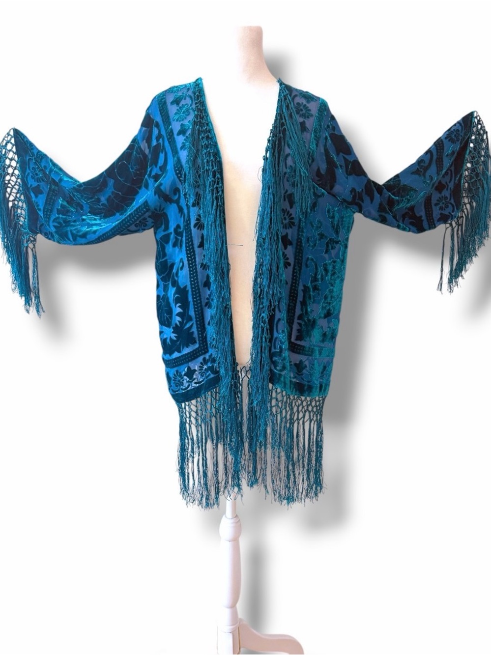 Maya Boutique Turquoise Teal Silk Burnout Velvet Kimono MSRP $400 - Picture 2 of 16